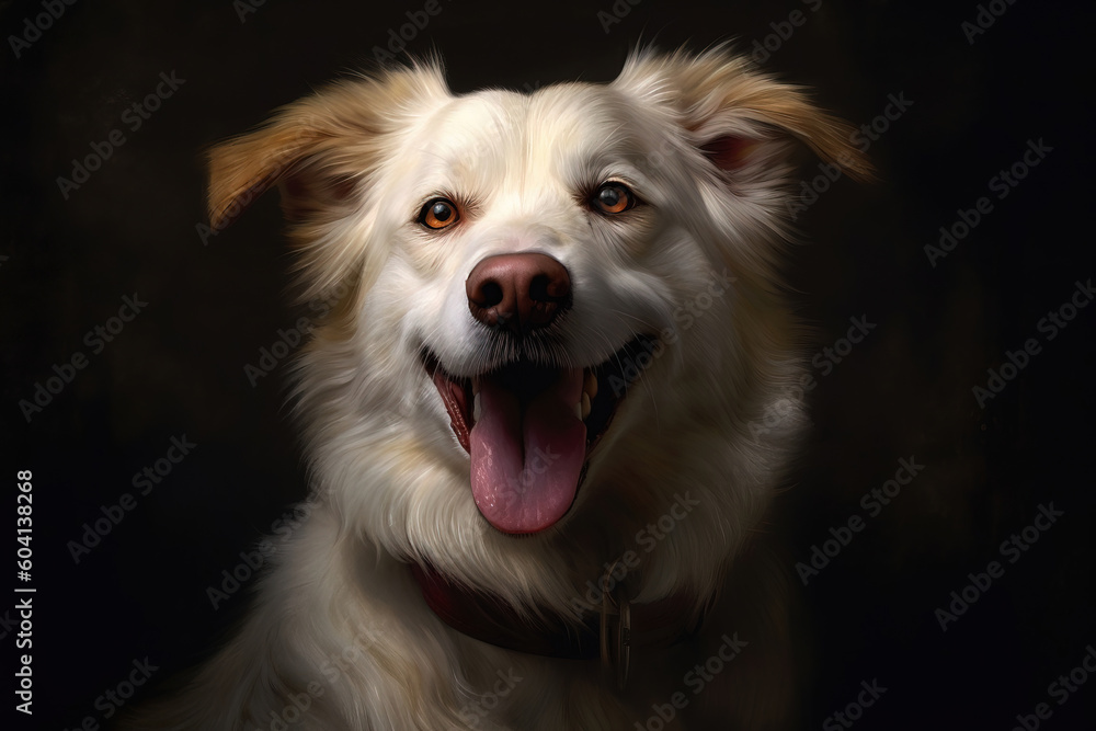 portrait of a smiling white dog with black background
