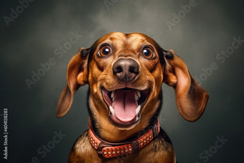 portrait of a smiling dachshund white grey studio background