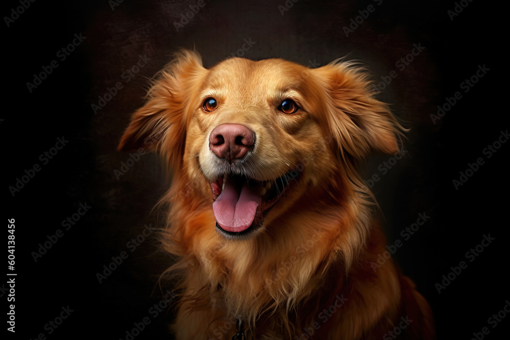 portrait of a smiling dog with black background