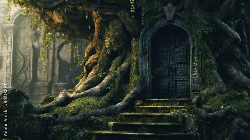 A mysterious door inside a tree, adventure and fairytale ai, ai generative, illustration