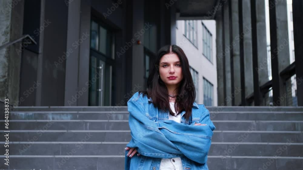 Female business portrait Caucasian woman girl businesswoman leader stand with crossed arms serious independent lady office worker shop manager employer employee pose crossing hands Female business portrait Caucasian woman girl businesswoman leader stand with crossed arms serious independent lady office worker shop manager employer employee pose crossing hands