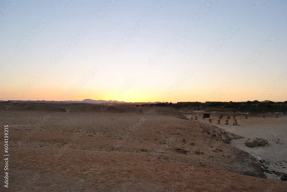 Landscape in Egypt at Marsa Alam at sunset.