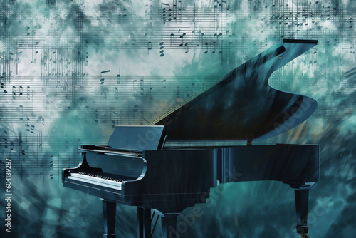 Abstract background illustration of a piano with grunge noise and colorful texture. Music industry theme. Generative AI photo