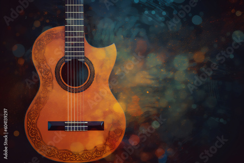 Abstract background illustration of a acoustic guitar with grunge noise and colorful texture. Music industry theme. Generative AI