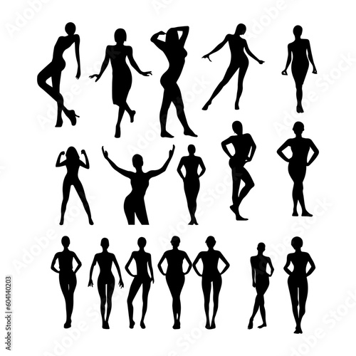 Vector illustration. Black silhouette of girls in different poses. Big set.