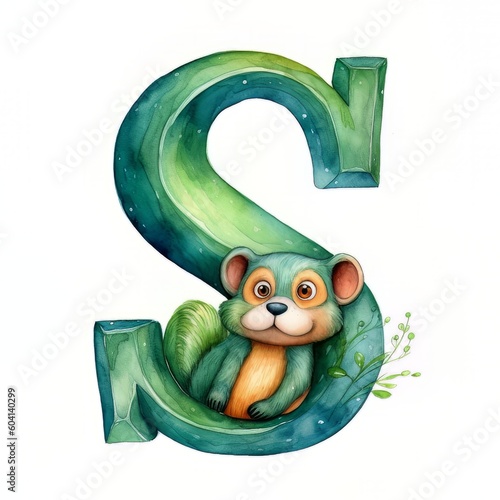 watercolor letter S with cute animals with Generative AI technology photo