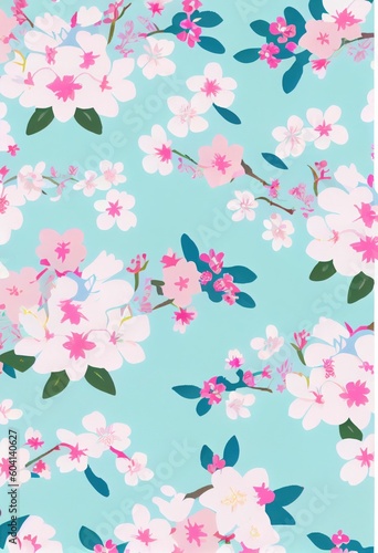 Vibrant Spring Pattern Design in Shades of Blue and Green with Floral and Geometric Elements