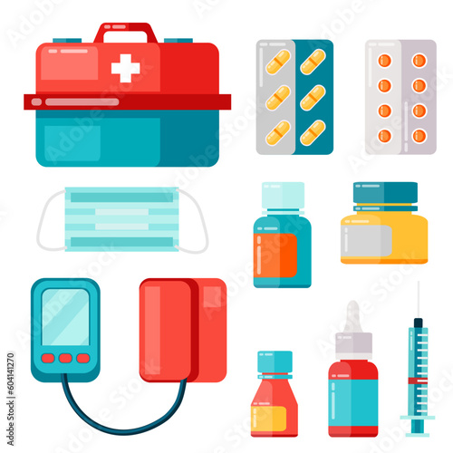 Big set of medical nasal drops, bottles with pills, sprey for throat, ampules and other medicine for healthcare. Illustration for websites, mobile applications, posters and banners. Medical concept