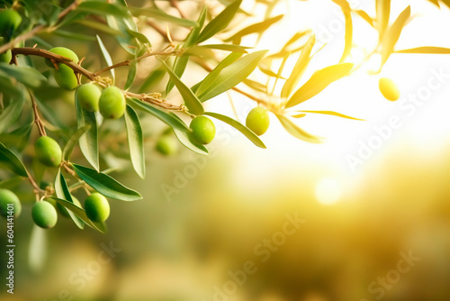 green olives on a branch close-up image. Generative ai