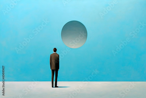 man standing in front of a wall with a hole, minimalistic illustration. Generative ai edited photo