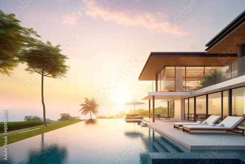 Sea view. Luxury modern white beach hotel with swimming pool. Vacation home or hotel. Generative ai Edited © Jezper
