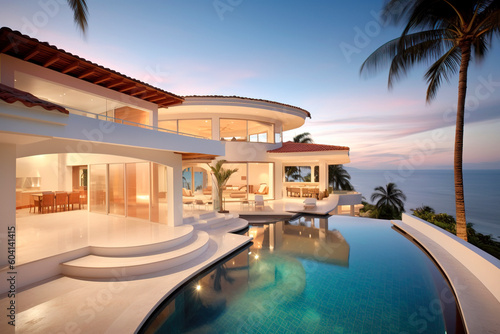 swimming pool at sunset. Vacation home or luxury modern white beach hotel. Generative ai Edited  
