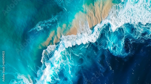 Summer beach top view of soft blue ocean wave illustration. Generative AI