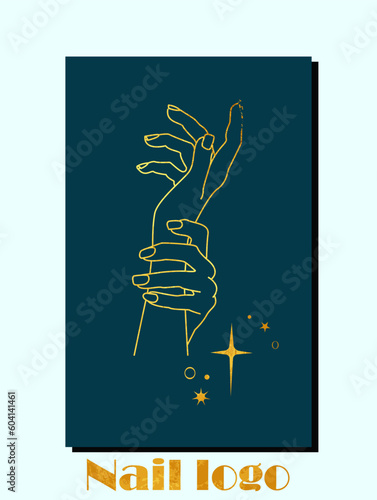 Elegant hand silhouette, gold and stars, luxury brand for beauty salon, manicure, banner or poster to the interior. photo