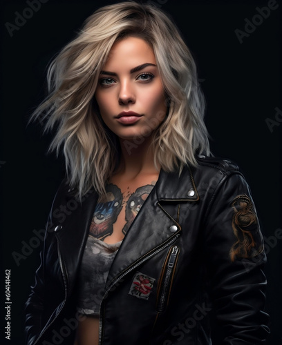 Portrait of Beautiful Woman with Tattoos in Leather Jacket Photo Wallpaper, hyper realistic, shallow depth of field, cinematic, Generative AI