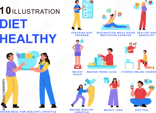 Diet Healthy Activities Vector Illustration Set