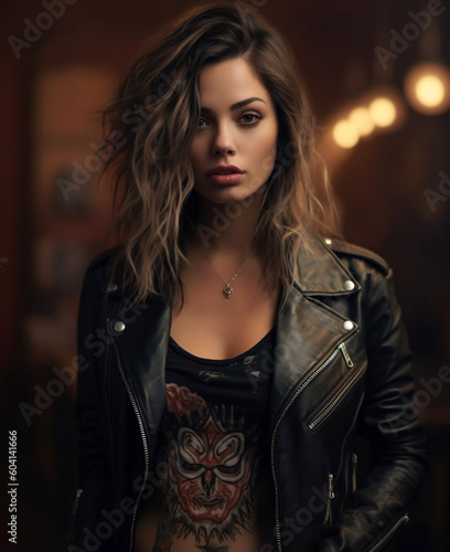 Portrait of Beautiful Woman with Tattoos in Leather Jacket Photo Wallpaper, hyper realistic, shallow depth of field, cinematic, Generative AI