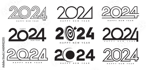 Collection of Happy New Year 2024 symbols. Vector illustration with black numbers 2024 isolated on white background. New Year holiday logos template. Set of Happy New Year 2024 logos design.