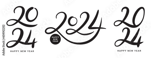 Set of Happy New Year 2024 lettering logos. Vector illustration with black numbers 2024 isolated on white background. New Year holiday logos template. Collection of 2024 happy new year symbols.