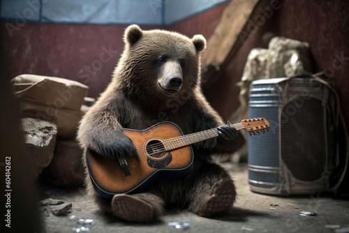 Funny bear playing the guitar. Ai generated