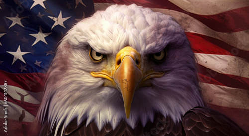 American bald eagle with American flag created with Generative AI