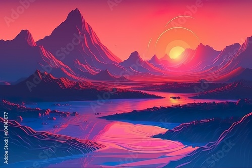 Fantasy landscape with mountains and a lake at sunset  a vector illustration enhanced by Generative AI