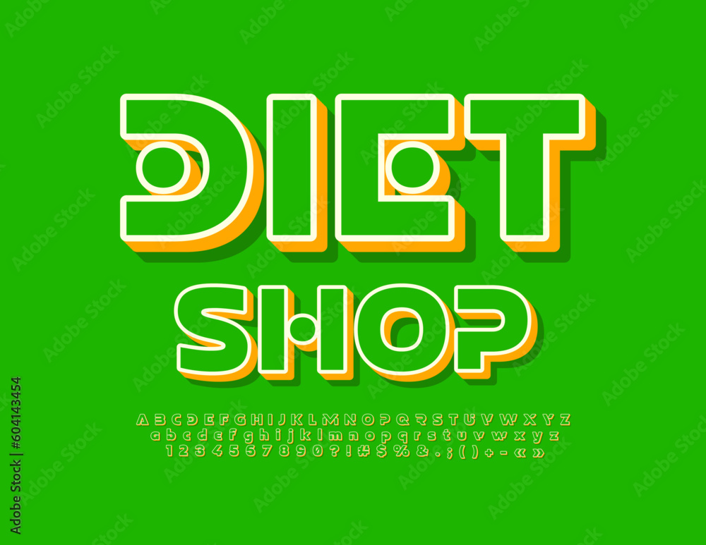 Vector creative logo Diet Shop with 3D Alphabet Letters, Numbers and Symbols set. Abstract style Font Vector creative logo Diet Shop with 3D Alphabet Letters, Numbers and Symbols set. Abstract style Font