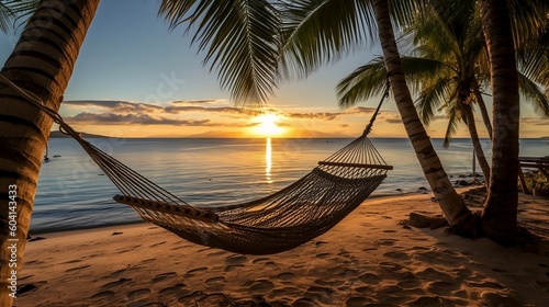 Hammock hanging over beach on sunset, hd, ocean with palm trees in the foreground © Referential Labs LLC