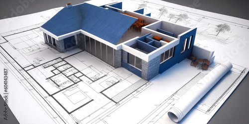 Captivating blueprint of a modern home, displaying top-down view, ruler and pencil in focus, showcasing expert design in soft blue, white, and subtle orange hues. Generative AI