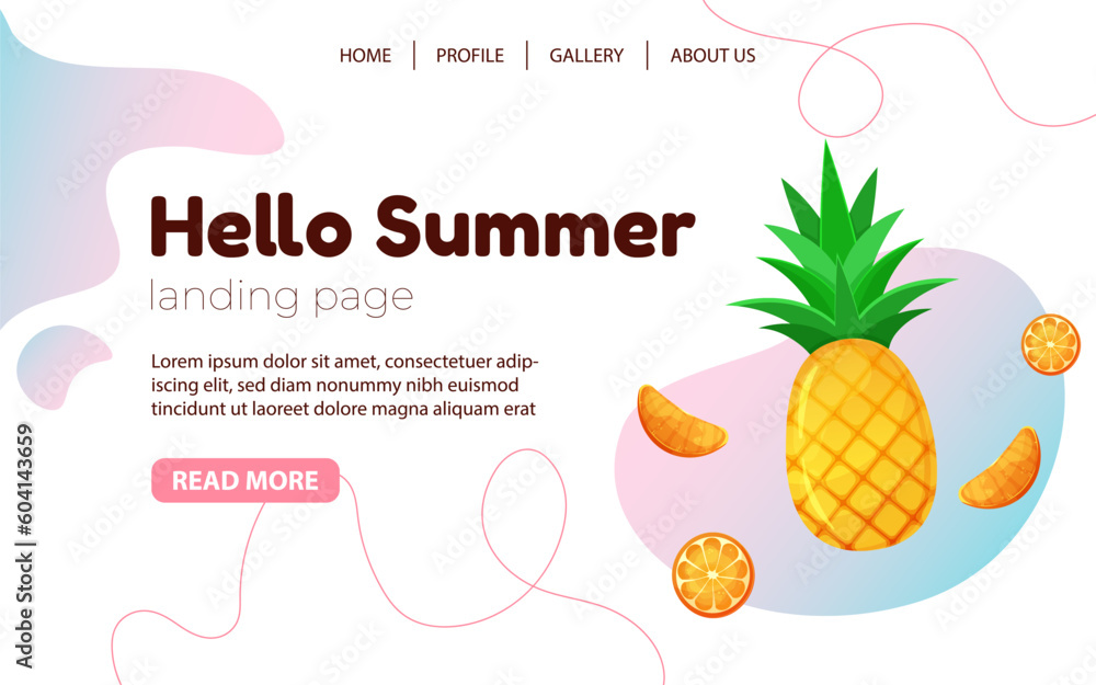 Creative summer landing page design in trendy colors with tropical fruits. Web page design. Vector template. Modern vector illustration concept for website and mobile website development.