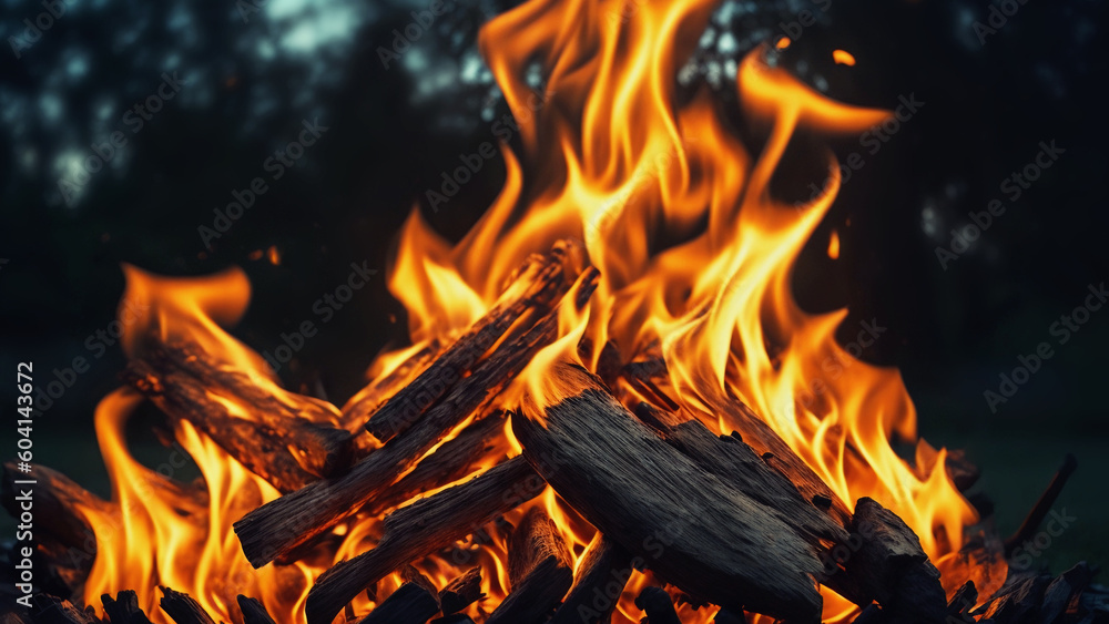 Burning bonfire in the evening. Close-up, outdoor recreation Burning bonfire in the evening. Close-up, outdoor recreation