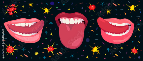 Lips with smile and tongue sticking out, vector comic illustration. Comic images and doodles, trendy modern illustrations for a poster