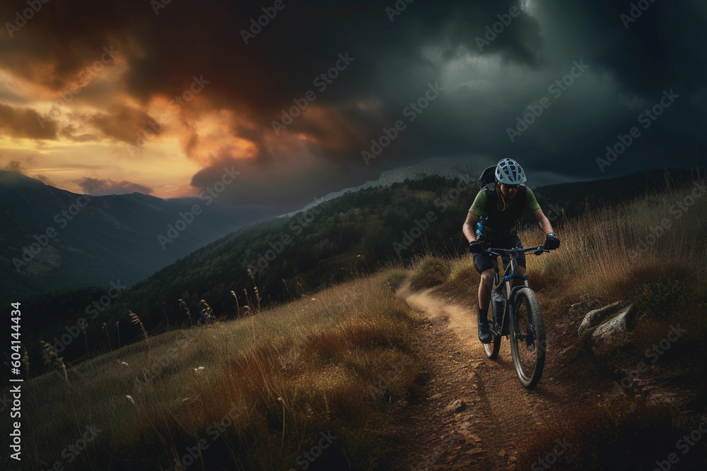 Mountain bike biker - Exploring Scenic Routes on a Road Bike - Created by AI