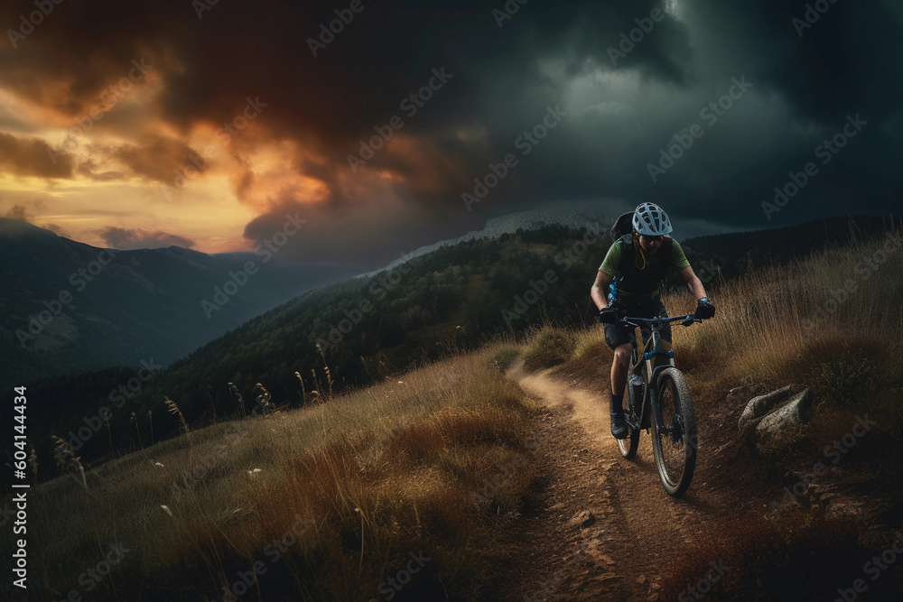 Obraz premium Mountain bike biker - Exploring Scenic Routes on a Road Bike - Created by AI