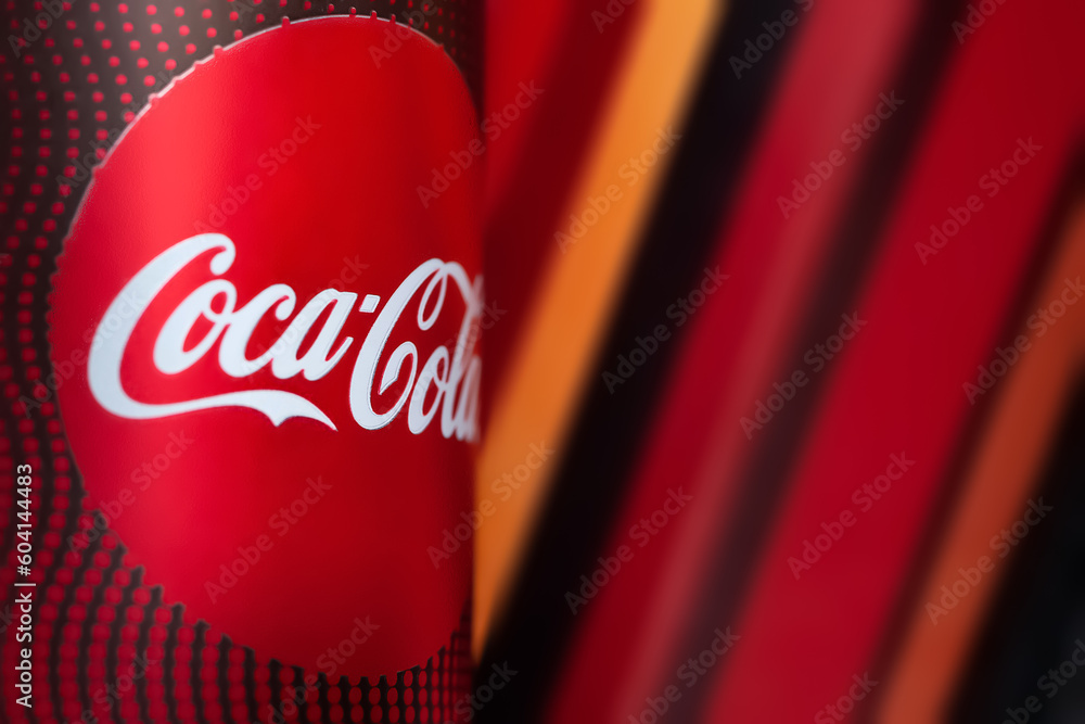 Coca-cola. Can of Coca-Cola close-up. Coca-cola coffee in a tin with
