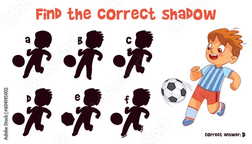 Find the correct shadow. Soccer. Educational game for children. Choose correct answer. Matching game. Colorful cartoon characters. Funny vector illustration. Isolated on white background