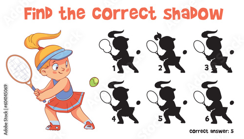 Find the correct shadow. Tennis. Educational game for children. Choose correct answer. Matching game. Colorful cartoon characters. Funny vector illustration. Isolated on white background