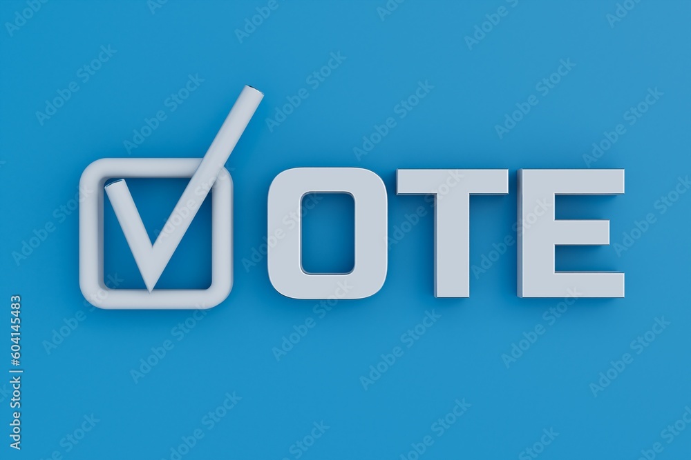 selection of a candidate for voting. Tick and inscription Vote on a blue background. 3D render