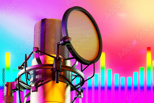 Record music in the studio. A professional microphone on a multicolored background with a music track. 3D render