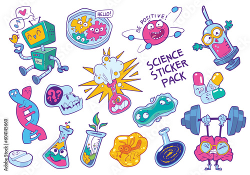 Science sticker pack. Set of funny characters for science. Friendly robot, dna molecule, bacteria in a petri dish, explosion in a test tube, insect in amber. Comics style. Colorful cartoon mascot