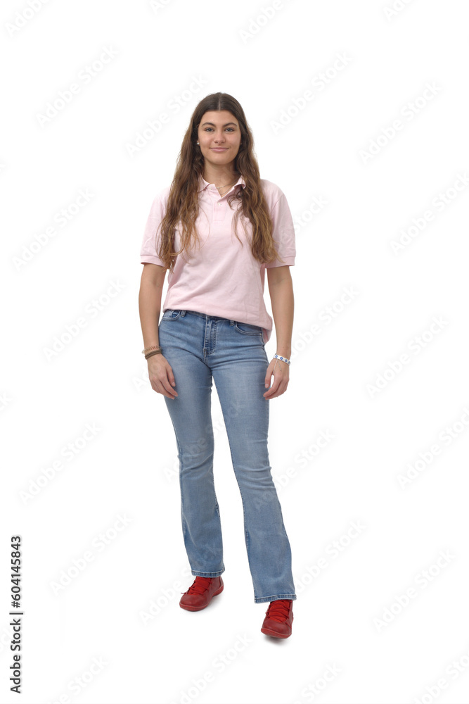 front viewof a young girl standing on white background front viewof a young girl standing on white background