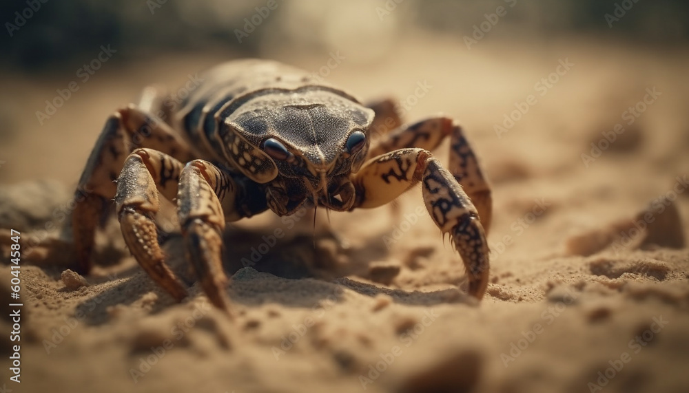 Poisonous crab crawls on sand, looking dangerous generated by AI