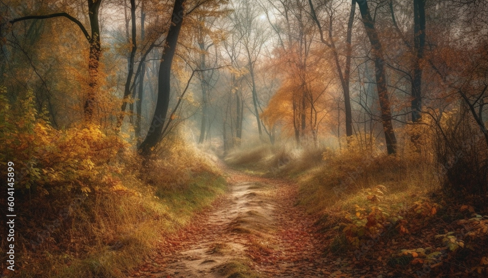 Autumn fog veils tranquil forest in mystery generated by AI