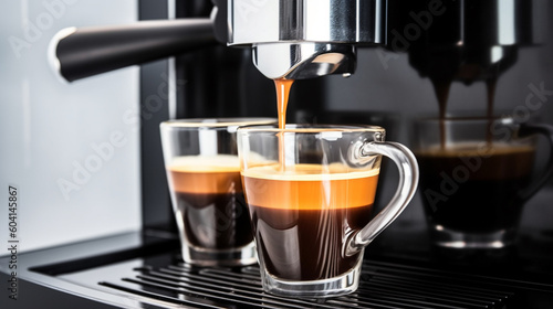 Close-up of espresso pouring from coffee machine. Professional coffee brewing illustration generative ai