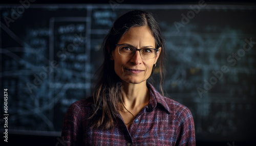 One confident businesswoman smiling, standing in classroom generated by AI