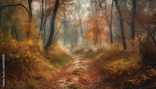 Autumn fog veils tranquil forest in mystery generated by AI © Stockgiu