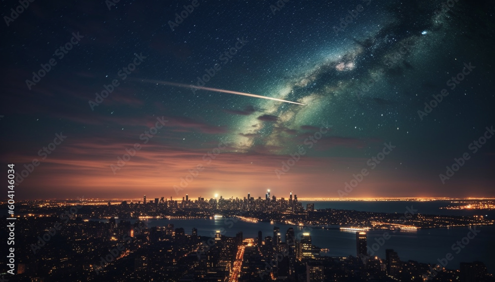 Naklejka premium Glowing star trail illuminates Milky Way galaxy generated by AI