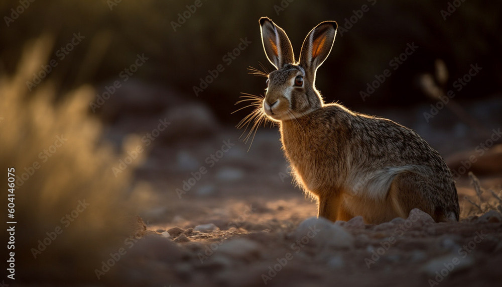 Fluffy hare sitting in grass, alert and cute generated by AI