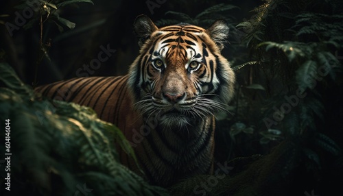 Majestic Bengal tiger staring  beauty in nature generated by AI