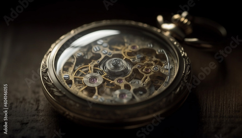 Antique pocket watch, intricate clockworks, timeless elegance generated by AI